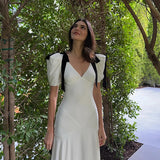 GETADME Elegant Temperament Bow Summer Casual Maxi Dresses V-Neck Y2K Women's Long Dress Evening Party Office Holiday Vestidos
