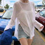 Getadme-Fashion Side Split Thin Tops Women Casual Simple Solid O-Neck Sunscreen T-Shirt Korean Popular Streetwear Loose Long Sleeve Tee