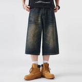 GETADME Men's Non-Elastic Denim Seven-Five Shorts Loose Wide Leg Fit Versatile Simple Style Casual Shorts