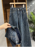 GETADME Retro American Leopard Print Jeans Women's Heavy Du Casual Loose Fit Long Pants Trendy Straight Leg High Waist Denim
