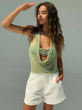 GETADME Women's Summer Vacation Sexy Semi-transparent Drop-Neck Metallic Decorated Backless Vest, Off-Shoulder Top