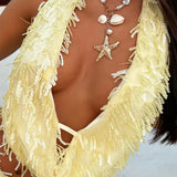 GETADME Y2K 스팽글 태슬 미니 스커트 세트, 여성용 등 없음, 민소매, 홀터넥, 베스트, 탑, 미니 스커트, 2피스 슈트, 여름 휴가 세트