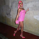 GETADME 핑크 미니 드레스 여성 스트랩리스 시스루 백리스 슬리브리스 스키니 베스 티도 여성 파티 나이트 클럽웨어 메시 란제리 드레스