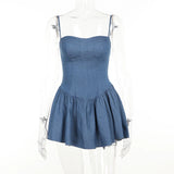 GETADME Spaghetti Strap Imitation Jeans Sleeveless Female Vestido Low Waist Slash Neck New Fashion Femme A-line Pleated Sexy Dresses
