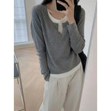 GETADME Y2k Black Fake Two Pieces Long Sleeves Shirt Women Autumn Irregular Patchwork Tops Slim-fit Bottom Knit Shirts Aesthetic Clothes