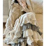 GETADME Women Sweet Vintage Mori Girl Style High Waist Splicing Plaid Long Skirt Winter New Korean Fashion Beige Lace Kawaii Maxi Skirts
