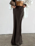 Jupe longue maxi élégante et ample en satin marron vintage GETADME Trendix pour femme, taille haute, coupe slim, idéale pour une soirée décontractée.