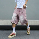 GETADME Men's Pink Gradient Denim Shorts Vintage Wash Baggy Jorts Wide Leg Streetwear Oversized Knee Length Summer Shorts Y2K Fashion