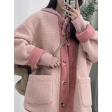 GETADME 2025 Winter New Women's Lamb Wool Jacket Petite Loose-Fit Thickened Integrated Deer Skin Fleece Medium-Length Korean Style