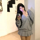 GETADME Casual Hooded Pullover Top Women Y2K V-neck Hoodies Solid Harajuku Long Sleeve Hoodie Oversized Tops Female Loose Clothing