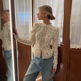 GETADME Elegant Embroidery Puff Sleeve White Shirts Summer Sexy Hollow Out Lace Blouse Casual Sand Collar Top 2025 Vintage Shirts