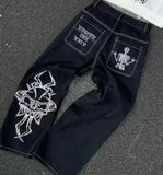 GETADME American Vintage Y2K Rhinestone Wing Embroidered Jeans Womens Blue Low Rise Flared Denim Pants with Studded Pockets Streetwear