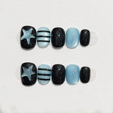 GETADME 10pcs Short Oval Shaped Press-On Nails - Color Block Stripes & Star Designs Glossy Mix-and-Match False Nails for Women and Girls