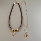 Collier GETADME Soleil Étoile Zircon pour Femme, Collier Vintage en Cuir Double Couche, Collier Ras du Cou, Bijou Tendance