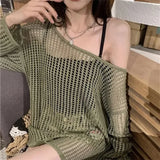 GETADME Y2K Hollow Out Crop Top Knitted Retro Long Sleeve T Shirt Women Summer Sun Protection Breathable Cardigans Patched Tee