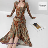 GETADME French-style fashion halo-dyed gauze printed ribbon dress women's spring and summer pleated waist slim lantern sleeve dress