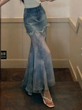Jupe courte à volants taille haute, en patchwork de maille semi-transparente, style rétro denim été 2024, pour un effet amincissant.