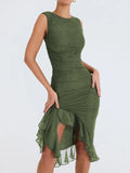 GETADME Elegant Ruffle Ruched Midi Dress For Women Robe Summer New Backless Sleeveless Irregular Club Party Sexy Dress Vestido