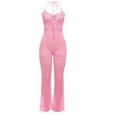 GETADME Knitted Halter High Elasticity See Through Halter Backless Solid Color Floral Appliques Club Street Low Cut Jumpsuit for Women
