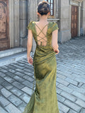 GETADME 2025 Summer Women's Long Dress Turquoise Green V-neck Backless Lace Satin Jacquard Slim Chic Elegant Evening Party Sexy Dresses