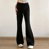 Getadme-Autumn New High Waist Slim Micro Flare Pants Women's Solid Drawstring Pocket Korean Fashion Commuter Versatile Straight Trousers