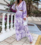 GETADME 2025 New in Summer Elegant Bohemian Printing V Neck Hollow Out Lantern A line Big Swing Maxi Long Dress Vacation Lady Robes