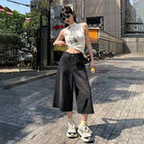 GETADME Summer American Style Vintage Women Baggy Jeans Y2k Loose Washed High Waist Knee Length Denim Pants Streetwear Wide Leg Shorts