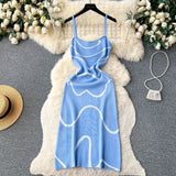 GETADME 2025 Ladies Knitted Sheath Sundress Sleeveless Hotsweet Print Backless Slim Dress Fashion Elastic Beach Long Dress