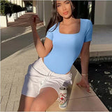 GETADME 여름 섹시 반팔 리브 스퀘어넥 통 바디수트 원피스 스퀘어 바디수트 복부 관리 바디 셰이퍼 배