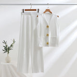 GETADME Vest Set Gold Botton OL Style 2025 New V Neck Set 2 Pieces Sweater Set For Summer Baggy Wide Leg Long Pants