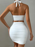 GETADME Women White Sexy Halter Neck Sleeveless Backless Two Piece Set Strapless Pleated Slim Bodycon Evening Dresses