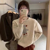 GETADME Women's new wool sweater high-end O-neck embroidered pullover sweater autumn and winter loose fashion shirt casual warm knit top