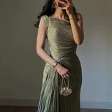 GETADME Autumn and Winter Corseted, Pleated Evening Dress with Flowing Ribbons and Sparkling Details for Women in Dubai and Turkey