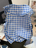 GETADME Zoki Cute Vintage Plaid Shirt Women Loose Sleeveless Summer Sweet Blouse Korean Retro Casual Peter Pan Collar Preppy Style Tops