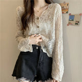 GETADME Vintage Summer Lace Blouses Women See Through Sheer Long Sleeve Sun Shirts Korean Style Casual Sun Protection Sexy Ladies Tops