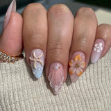 GETADME 24PCS Summer Colorful Almond False Nail with 3D Flower Beach Paintings Press on Fake Nail Full Cover Wearable Manicure for Women