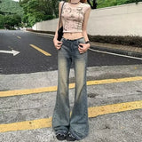 GETADME Vintage Fringe Bell Bottom Jeans Women's Slimming Low Waist Summer Petite Trousers American Style Casual Chic Fashion