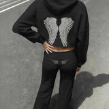 GETADME Retro shiny wings printed long-sleeved zipper casual sweatshirt autumn and winter women's hooded straight pants solid color suit
