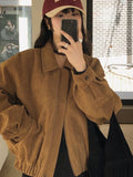 GETADME Winter Women's Baseball Jaet Suede Velvet Lapel Zipper Design Loose Fit Versatile Retro Sle Commute Faion ort Coat