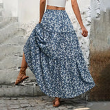 GETADME Women High Waist Floral Print A-Line Three Tiered Maxi Skirt Long Ruffle Trim Boho Summer Vacation Holiday Skirt Vestidos