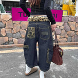 GETADME 여성용 Y2K 유럽 및 미국 힙합 레오파드 프린트 패치워크 청바지 대형 포켓 스트레이트 와이드 레그 루즈 크롭 팬츠