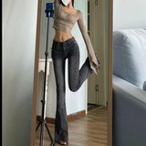 GETADME American Style Slimming Jeans Women's Spring Autumn Vintage Micro Flared Trousers Low Waist Elastic Body Shaping Waistband