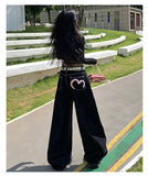 GETADME Women's Pink Heart Print Denim Straight Leg Jeans Loose Casual Floor-Length Long Pants Ladies Loose Fit Original Style