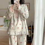 GETADME 겨울 플란넬 두꺼운 잠옷 여성용 긴팔 인기 따뜻한 공주 스타일 플리스 안감 잠옷 달콤한 가정복 세트 