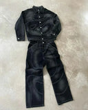 GETADME Patch Jeans Retro Striped Embroidered Jacket Two-Piece Set Y2k Suit Men's Harajuku hiphop Embroidered Loose Jeans Old Jacket