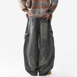GETADME Retro Multi Pocket Curved Knife Jeans Autumn And Winter Vintage Wide Leg Workwear Pants Korean Version High Street Men'S Jeans