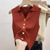 GETADME 여름 시크 아이스 실크 니트 폴로 라펠 씬 슬림핏 실루엣 탱크 아우터 베스트 여성용 숄더 베스트 노슬