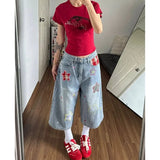 GETADME Women's Pants Baggy Cropped Denim Jeans Vintage Star Patch Loose Fit High Rise Casual Summer Style