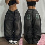 GETADME American New Fashion Geometric Pattern Embroidered Baggy Jeans Women Y2K Harajuku Vintage Hip-hop Popular Casual Wide-leg Pants