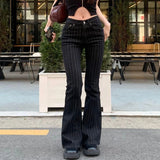 GETADME Low Waist Vintage Stripe Flare Jeans Women Casual Patterned Slimming Bell Bottom Trousers Faionable Cotton Stretch Denim Pants
